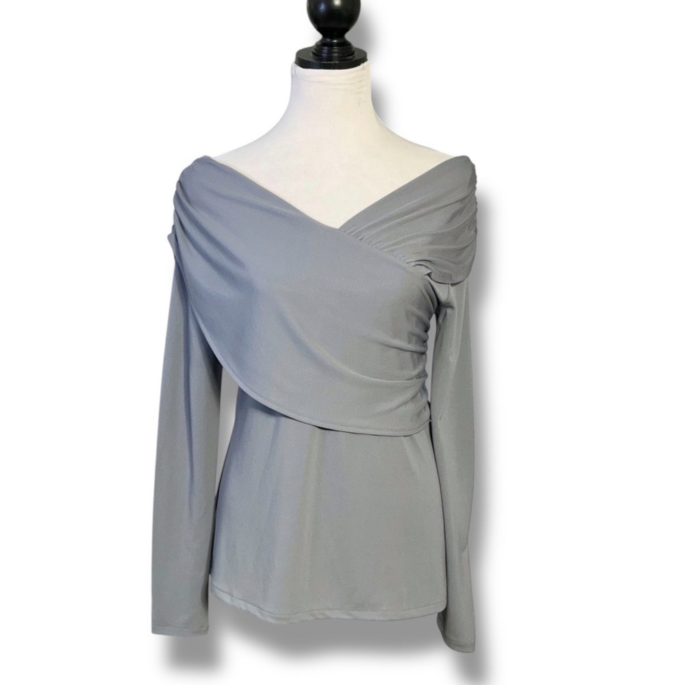 Ann Taylor Top Draped Cross Over Ruched Sleek Stretchy Gray Women's Medium - Picture 6 of 16